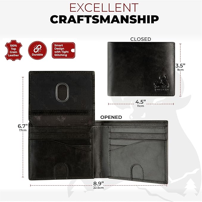 BULL GUARD Vintage Black Leather Wallet for Men RFID Blocking Bifold With ID Secure and Durable Extra Capacity Billfold with 11 Credit Cards