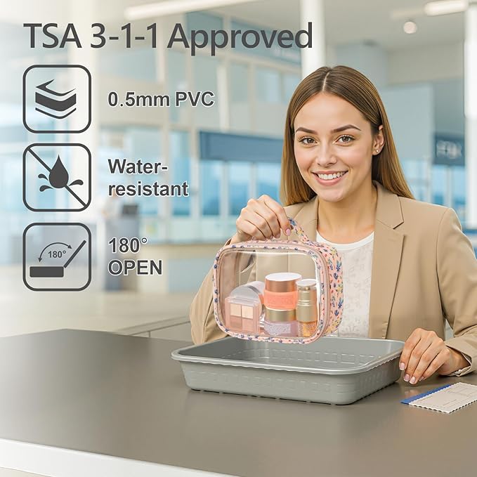 PACKISM Stylish TSA Approved Toiletry Bag Set, Floral, Clear Makeup Bag with Handle, 1 TSA Medium & 1 Large for Travel, Gift for Women, Nude Pink Ditsy Floral