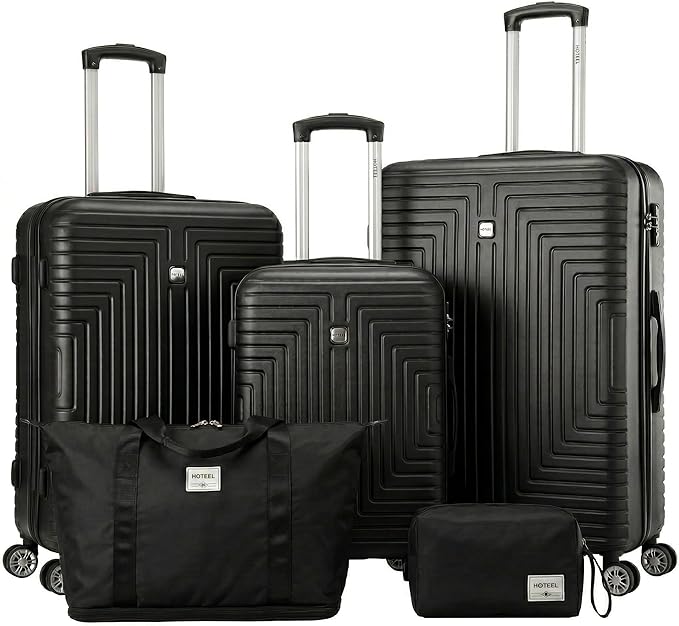 Hoteel Luggage Sets 5 Piece ABS+PC Hardside, 4-Year Warranty, Luggage Set with Dual-Spinner Wheels, TSA Lock, Lightweight Carry on Luggage, 20"/24"/28" Suitcase with Duffel & Organizer, Black
