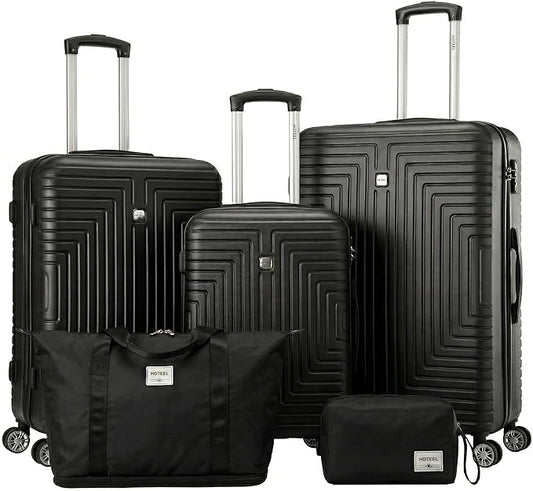 Hoteel Luggage Sets 5 Piece ABS+PC Hardside, 4-Year Warranty, Luggage Set with Dual-Spinner Wheels, TSA Lock, Lightweight Carry on Luggage, 20"/24"/28" Suitcase with Duffel & Organizer, Black
