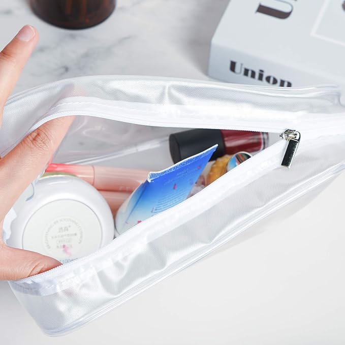 Wobe 5 Packs Clear Cosmetics Bag TSA Approved, PVC Zippered Toiletry Carry Pouch Portable Makeup Bag for Vacation Travel, Bathroom and Organizing Waterproof Makeup Vinyl Case (Large, White)