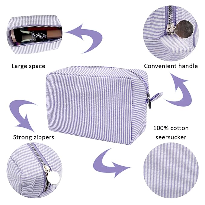 GFU Cosmetic Bags for Women, Seersucker Cosmetic Bag, Travel Toiletry Stripe Makeup Bag, Large Women Aesthetic Organizer Storage Pouch, Girls Handbags Purses,Purple