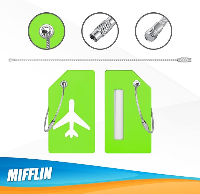 Mifflin-USA Silicone Luggage Tags (Green, 2 Pack) with Plane Embedded Design & Name ID Card; Bright Colors to Quickly Find Your Bag