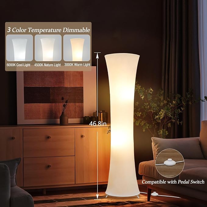46“ Floor Lamp for Living Room, Color Temperature Adjustable Led Floor Lamps Column Floor Standing Lamp Corner Lamp for Bedroom, Office& Living Room-White Fabric Lampshade, Bulbs Include