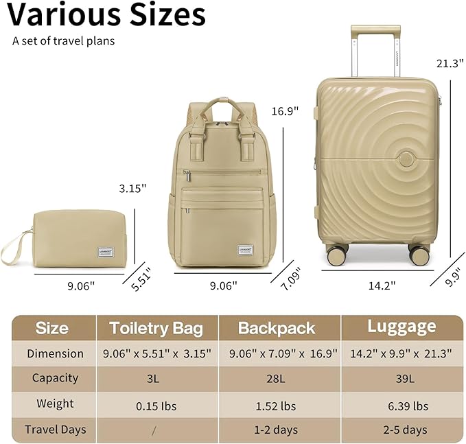 LARVENDER Carry On Luggage Set 22x14x9 Airline Approved, Expandable 20 Inch Carry-On Suitcases With Wheels, Lightweight Luggage Sets 3 Pieces With Backpack, Champagne