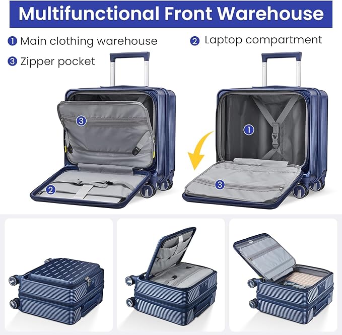 3 Piece Luggage Set 16 Inch Carry On with Front Opening, Expandable PC Hardshell Suitcase with 14" Cosmetic Case & Handbag, Lightweight Underseat Rolling Luggage with TSA Lock & PVC Cover
