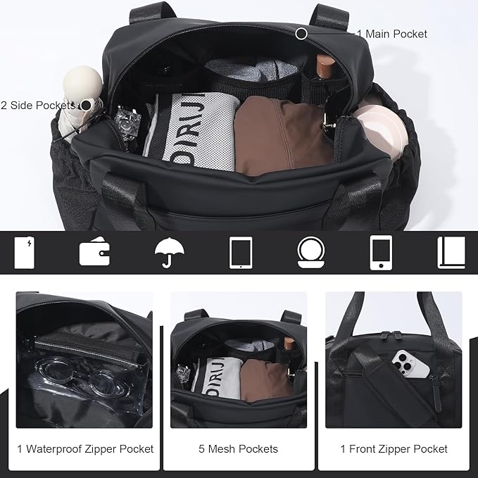 Small Gym Bag for Women, Mini Crossbody Gym Duffle Bag with Wet Compartment, Carry on Gym Tote Bag for Workout Dance Sport Travel (Medium-Black)