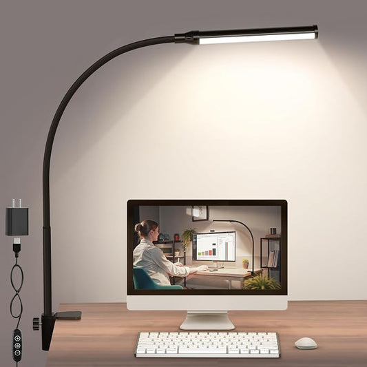 ShineTech LED Desk Lamp with Clamp, 4000K Clip On Desk Lamp for Home Office | 11 Brightness Level,360°Flexible Gooseneck Architect Desk Light, Eye Caring Reading Lamp with USB Adapter