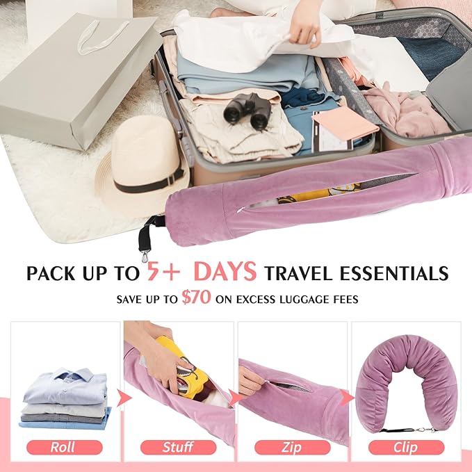 Stuffable Travel Pillow, Stuffable Neck Pillow for Travel, Neck Pillow Stuffed with Clothes Storage - No Extra Baggage Fees, Fits 5+ Days of Travel Essentials, No Filler (Pink)