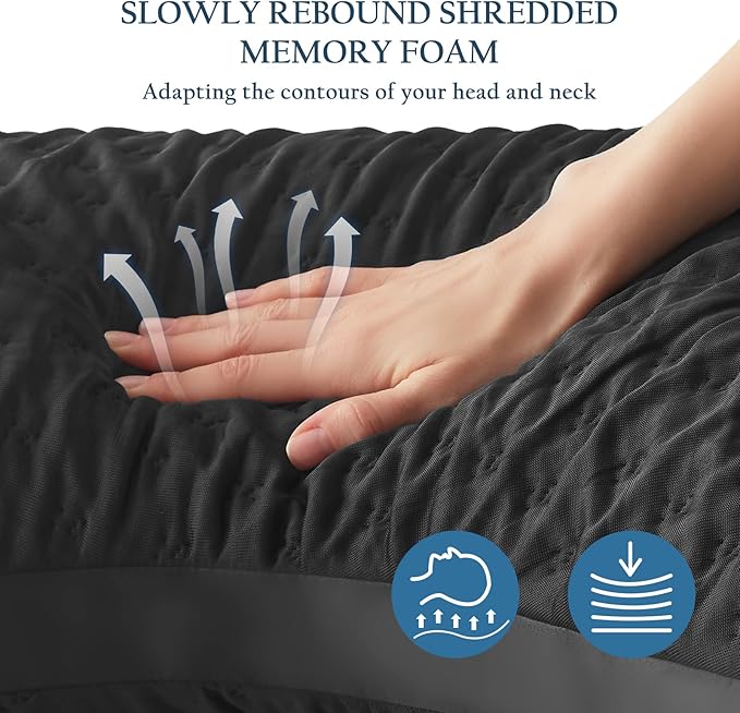 Cooling Contour Pillow for Side and Back Hot Sleepers Curved Pillow for Neck and Shoulder Pain Relief – Adjustable Shredded Memory Foam Pillow with Washable Cover Black, Black Queen Size