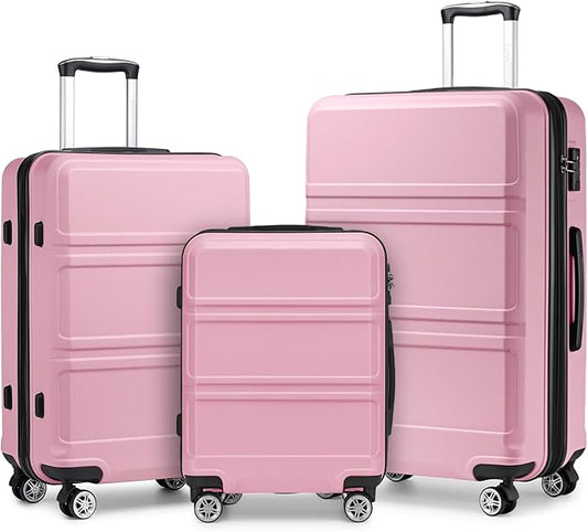 Kono 3 Piece Luggage Sets Expandable(only 28") with Spinner Wheels TSA Lock Lightweight PC+ABS Hardside Travel Rolling Suitcases 20in 24in 28in Carry on Pink
