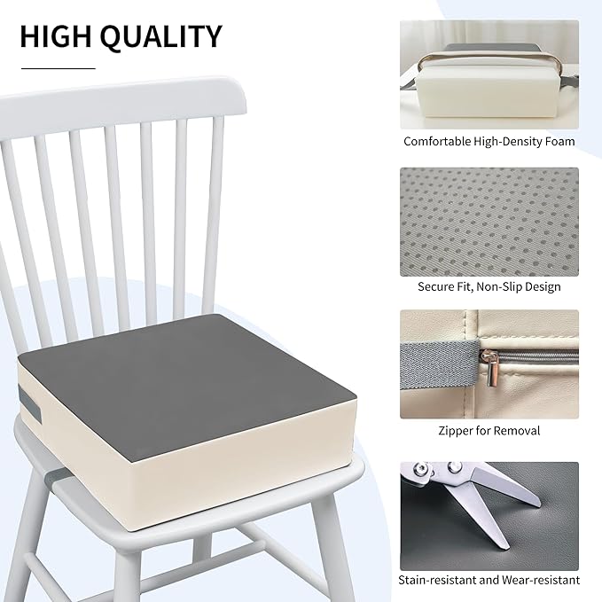 Toddler Booster Seat Dining Table Kitchen Chair, Waterproof Anti-Scratch PU Cushion, Non-Slip Bottom, Adjustable Buckle Straps, Easy Clean Portable Seat Cushion (Dark Grey+White)
