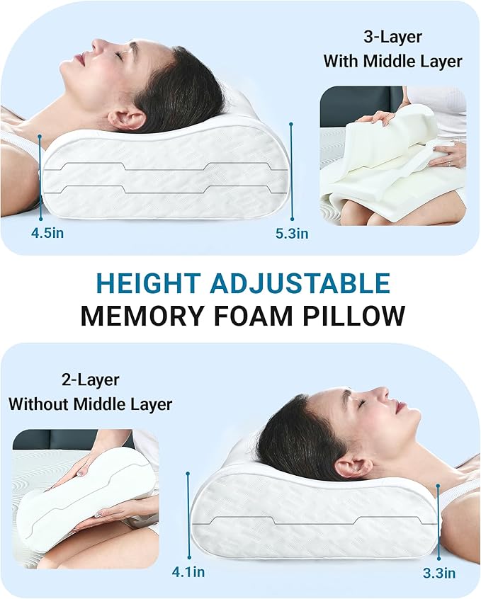 Elviros Memory Foam Pillows for Neck Pain Relief, Adjustable Height Ergonomic Orthopedic Pillow for Sleeping, Cervical Neck Pillow for Side and Back Sleepers, Queen Size, 23.6"×14"×5.3"