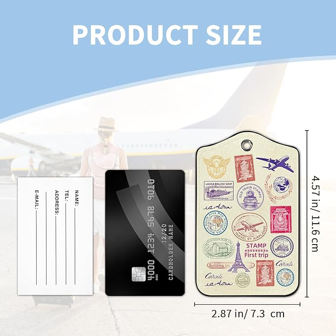 2 Pcs Luggage Tag for Suitcases, Travel Stamp Cute PU Leather Suitcase Tag Privacy Cover ID Label with Metal Loop, Personalized Baggage Identifier for Women Cruise Bag Travel Essentials