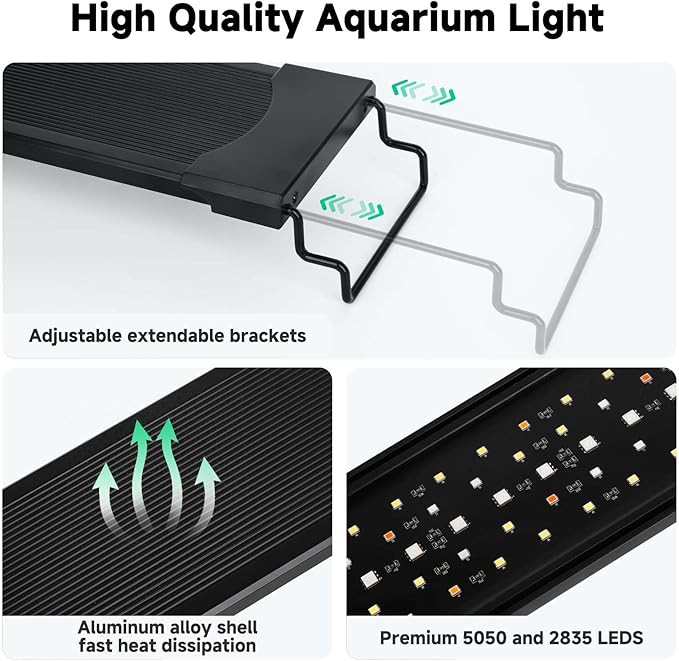 AQQA LED Aquarium Light, 24/7 & DIY Mode Full Spectrum Fish Tank Light | Adjustable Timer/Brightness, Extendable Bracket Aquarium Plant Light, Memory Function, IP68 Waterproof, for 12–18 Inch Tank