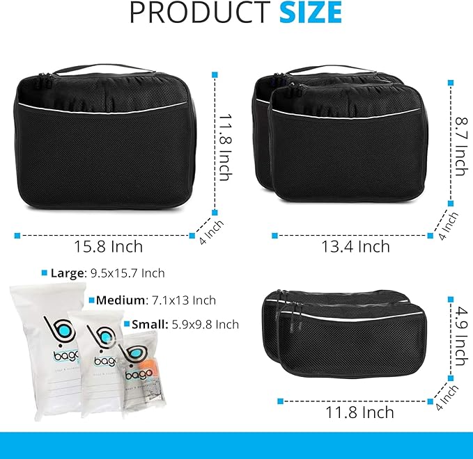 bago 8 Pcs Packing Cubes for Travel - 5 Travel Packing Cubes for Suitcases with 3 ZipLock Bags, Luggage Organizer Bags to Get Maximum Storage, Save Time & Effort to Pack (Black)