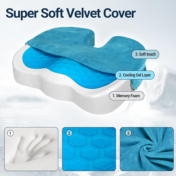 Season Guard Tailbone Pain Relief Office Chair Seat Cushion, Memory Foam Gel Seat Cushion for Sciatica Pain Relief with Washable Cover, Butt Cushion for Long Sitting, Velvet, Blue