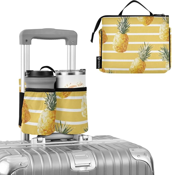 Summer Yellow Striped Pineapples Luggage Cup Holder Travel Portable Free Hand Drink Carrier Suitcase Drinks Beverage Holder Carry-On Bottle Mug Holder Organizer Bag Travelers Accessories