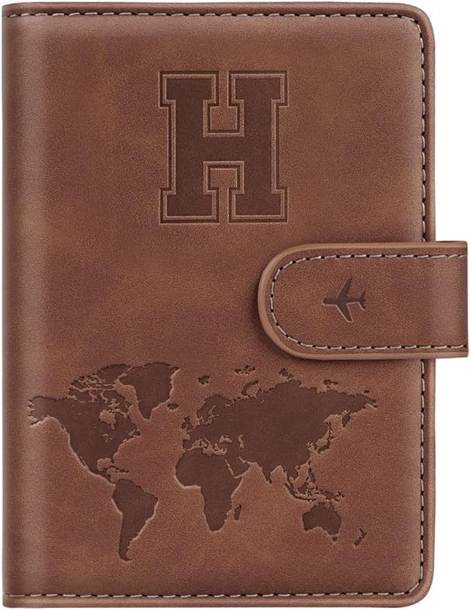 Passport Holder Wallet Cover Personalized Letter A-Z Travel Wallet RFID Blocking Passport Cover Wallet Case for Travel Passport Book Holders for Women and Men, Brown-H