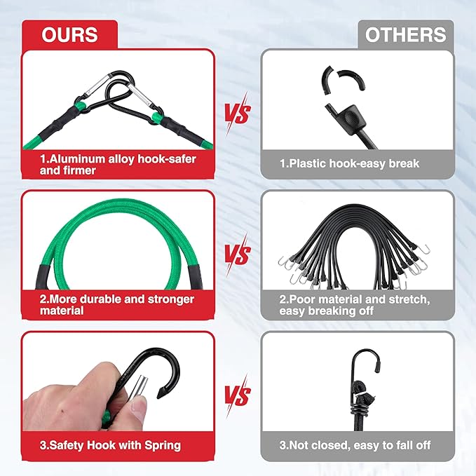 WORKPRO 24 Inch Bungee Cords with Hooks, 4 Pack Superior Rubber Heavy Duty Bungee Straps Strong Elastic Rope for Outdoor Tent, Luggage Rack, Camping, Cargo, RV, Bike, Transporting, Storage, Green