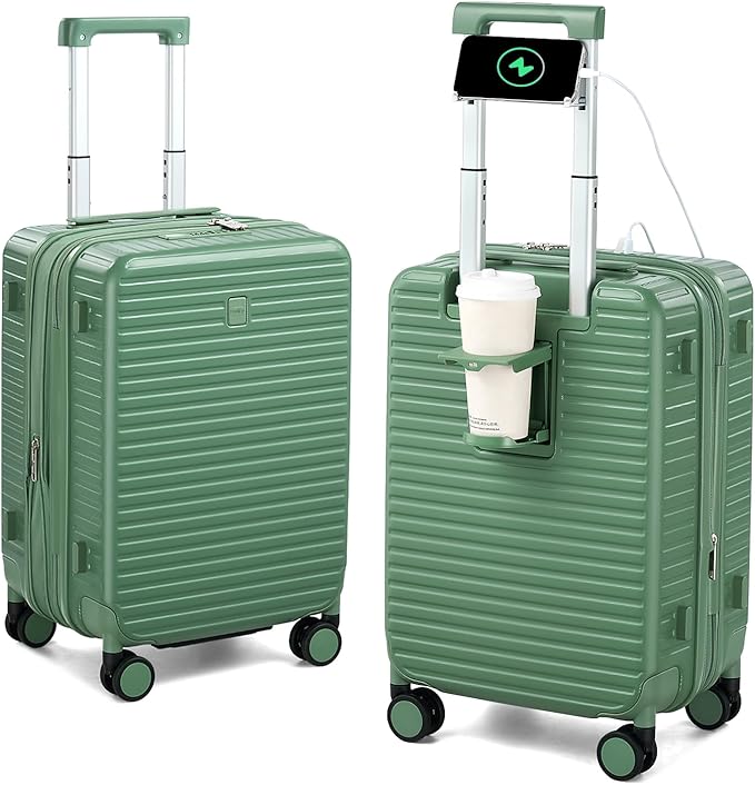HanTrip Hard Shell Suitcases Airline Approved 20 Inch Carry on Luggage, Expandable Travel Luggage with Cup Holder Charger Built in, Small Lightweight Suitcases with Wheels, Forest Green