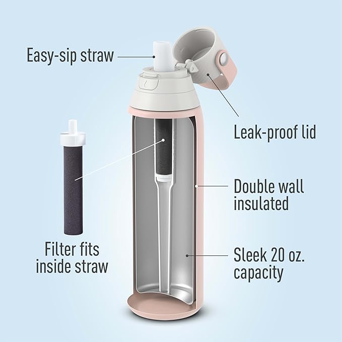 Brita Stainless Steel Premium Filtering Water Bottle, BPA-Free, Reusable, Insulated, Replaces 300 Plastic Water Bottles, Filter Lasts 2 Months or 40 Gallons, Includes 1 Filter, Rose - 20 oz
