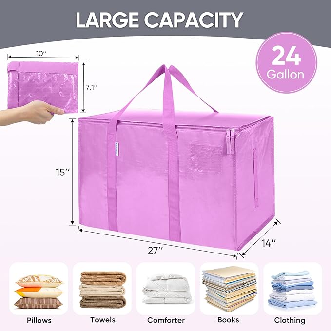 TICONN 2 Pack Extra Large Moving Bags Heavy Duty with Zippers & Carrying Handles, Durable Storage Bags Moving Boxes for Closet Organizers and Storage (2 Pack, Pink)