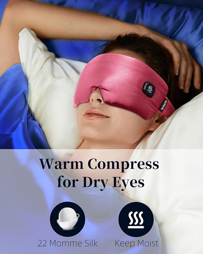 Heated Eye Mask for Dry Eyes - Silk Cordless Warm Eye Compress Moist Heat, Eye Heating Pad for Stye Treatment, Tired Eyes, Sleep, Travel, Washable, Rechargeable, Pink