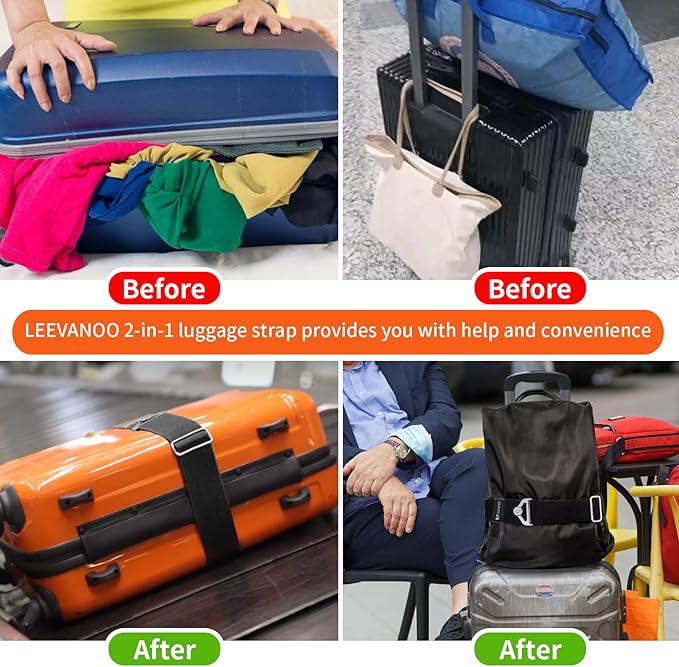 Luggage Straps for Suitcases Add a Bag Luggage Strap, 2-in-1 Travel Belt for Luggage Straps Travel Belt Over Handle for Carry On Bag Adjustable Suitcase Belts, Airport Travel Accessories Black