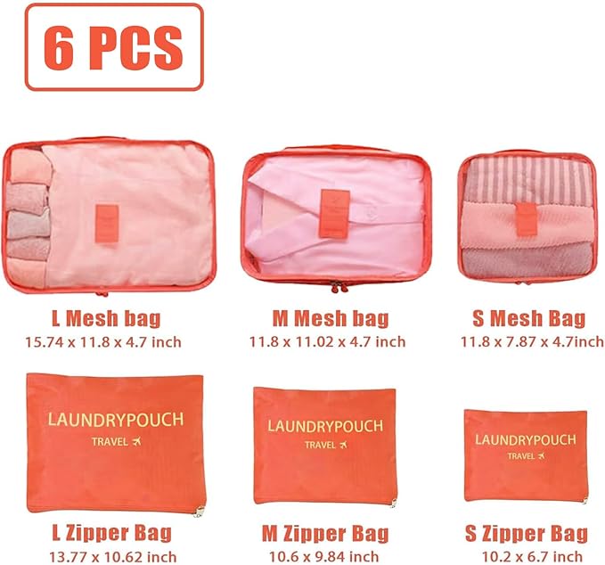 6 Set Packing Cubes for Travel Luggage Packing Bags Reusable Waterproof Suitcase Organizer Bags Set with Shoe Bag and Toiletry Bag (Orange)