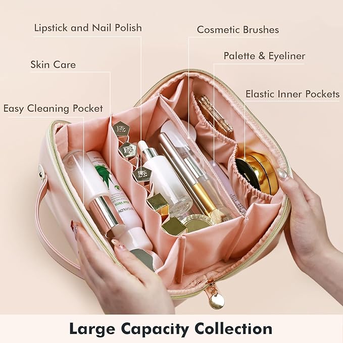 Prite Makeup Bag for Women Travel Waterproof Vegan Leather Cosmetic Bag Open Flat Toiletry Bag With Clear Divider and Handle (Large Pink Pro)