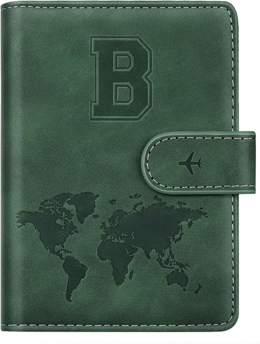 Personalized B Passport Holder Cover Initial Letter Travel Wallet RFID Blocking Passport Cover Credit Card Holder Case Passport Book Holders for Women and Men, Pine Green-B