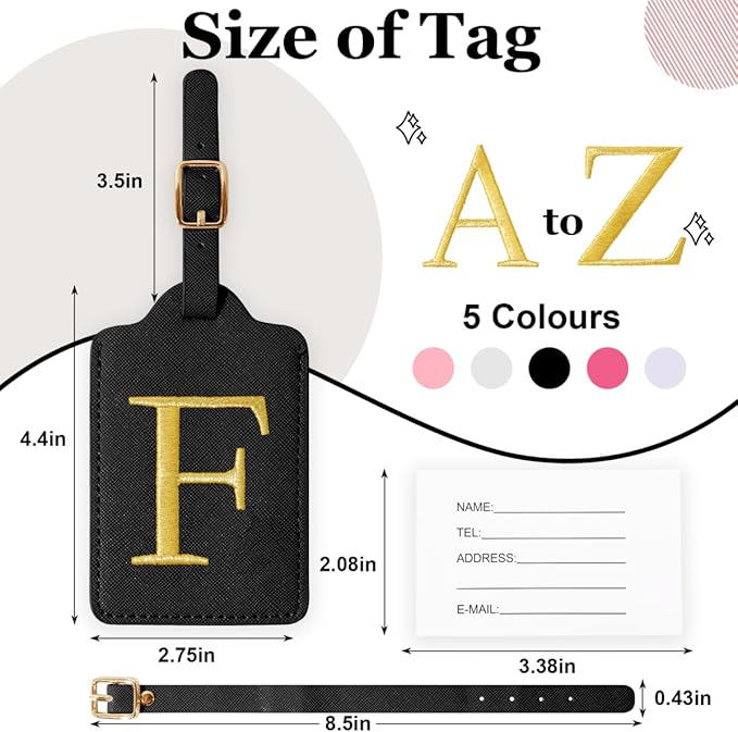 Personalized Initial Luggage Tags for Suitcases,Leather Letter Cute Luggage Tags with Privacy Name Card,Embroidered Monogrammed Travel Bag Backpack Tag Gifts for Women Kids Girls Teens(Black-F)