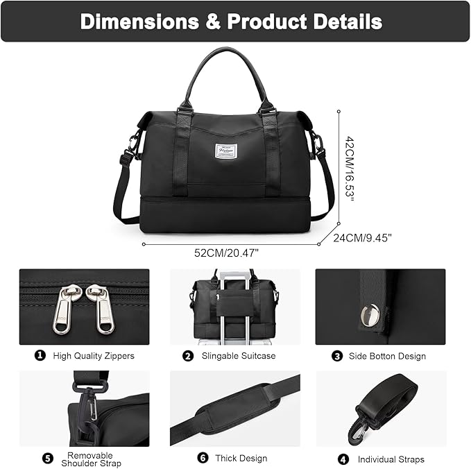 HYC00 Travel Duffel Bag,Carry-on Overnight Weekender Bags for Women,Sports Tote Gym Bag with Wet Pocket