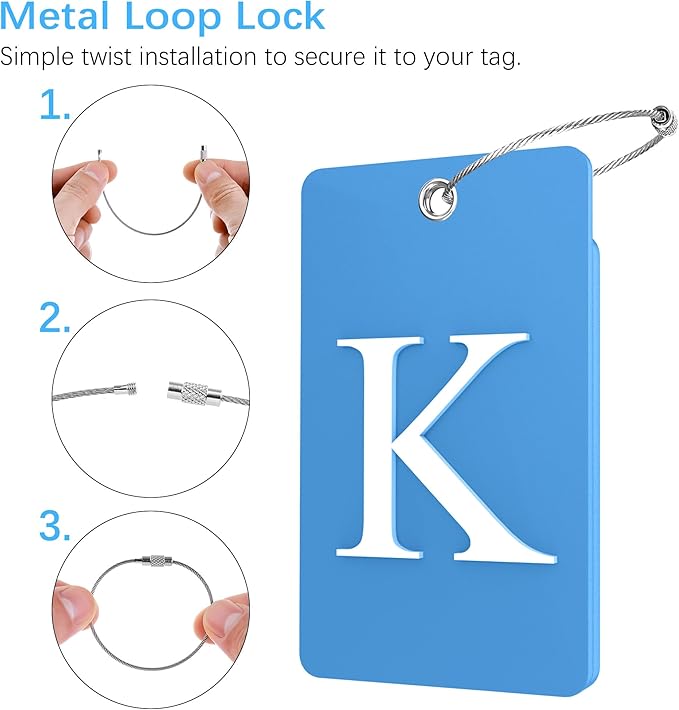 Gostwo 2 Pack Luggage Tags for Suitcases, 26 Initial Letter Travel Luggage Baggage Identification Labels ID Tag Fully Bendable Tags with Stainless Steel Loop (Blue) (Letter K)