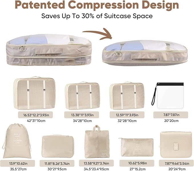 9 Set Packing Cubes for Suitcases Travel Luggage Sets Packing Organizers, Travel Organizer Bags Luggage Organizer with Shoe/Tioletry/Laundry Bag