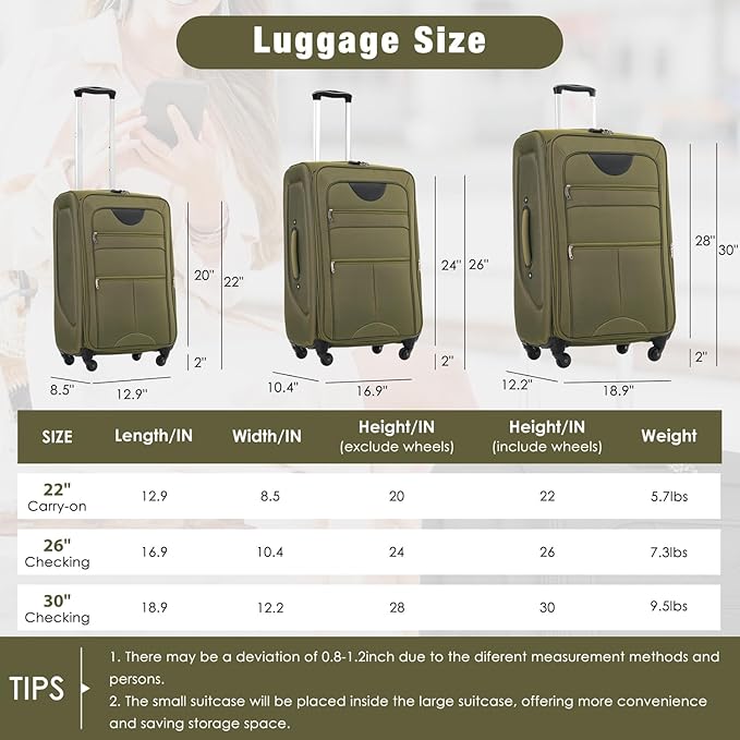 Softside Luggage Sets 3 Piece - 20" Carry-On, 24” & 28” Checked Luggage Set, Expandable Luggage Lightweight Suitcase with Spinner Wheels & TSA Lock for Family Extended Travel (Army Green)
