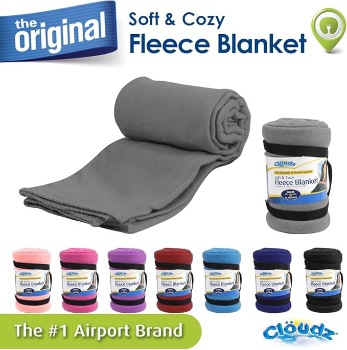 Cloudz Cozy Fleece Airplane Travel Blanket for Your Flight, Car, Camping, Home or Comforting Warmth Anywhere! - Grey