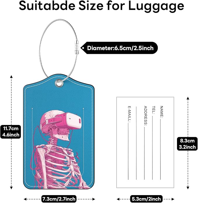 2 Pack PU Leather Luggage Tags for Suitcases, Privacy Protection Cover with Stainless Steel Loop and Address Card, Travel Cruise Essentials (Pink Skull)