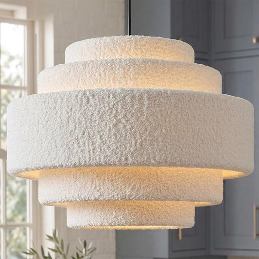 AUQUEE 5-Tier Coastal Chandelier, 13" Modern Boho Pendant Light Fixture with Soft Teddy Plush Shade, Adjustable Modern Drum Hanging Lamp for Bedroom/Nursery/Dining Room/Kitchen Island/Entryway,White