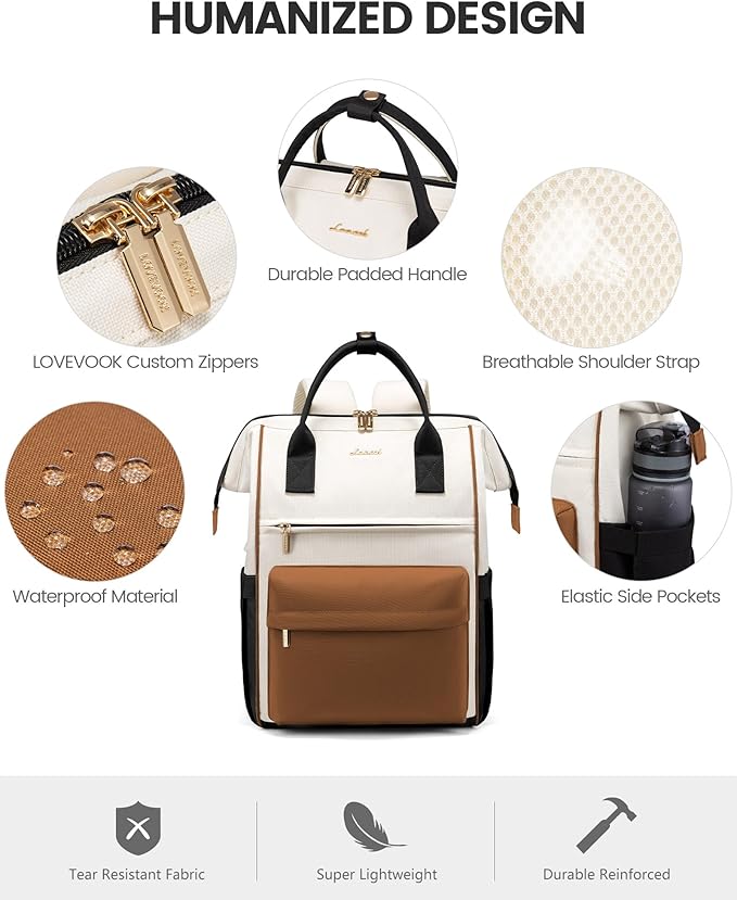 LOVEVOOK Laptop Backpack for Women 15.6 Inch, Travel Backpack with USB Charging Port Large Capacity Laptop Bag, Waterproof Bag for Business College Airline Approved Work Backpack(Brown White)