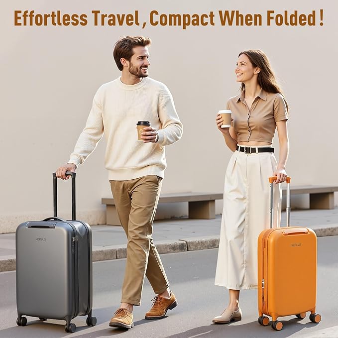 Foldable Checked-Luggage, Durable Hardside Suitcase with Mute Wheels, Waterproof Expandable Harshell Rolling Luggages with Side Pocket, TSA Lock (Black, 24-Inch)