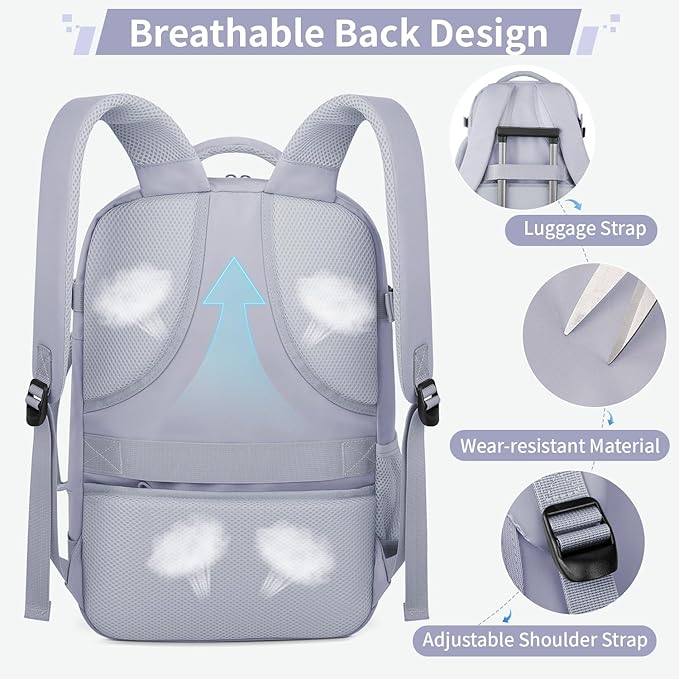 ZOMFELT Travel Backpack for Women Men, Carry On Backpack, TSA 15.6inch Laptop Backpack Flight Approved, Personal Item Travel Bag Nurse Bag Casual Daypack for School Weekender Business Trip, Purple