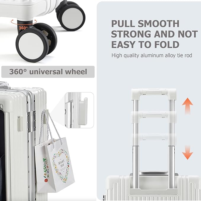 feilario Aluminium Frame PC Hard Shell Spinner Wheels Luggage,22.5"X15"X9.5" Airline Approved Built-In TSA lock Carry on Suitcase, with Cup Holder, USB Port, Phone Holder