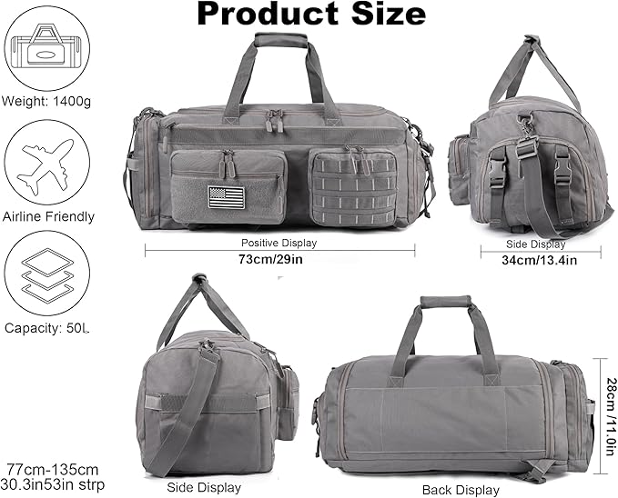 LHI 50L Tactical Duffle Bag for Men, 3-in-1 Gym Duffle and Backpack, Shoe Compartment, Laptop Sleeve and MOLLE, Carry-On Travel Weekender and Overnight Bag – Gray