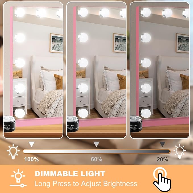 Moonee Vanity Mirror with Lights, Pink Hollywood Lighted Makeup Mirror with 15 Dimmable Bulbs and 10X Magnification, 3 Colors Modes, Aluminum Metal Frame, Light Up Mirror for Tabletop/Wall（23" x 18"）