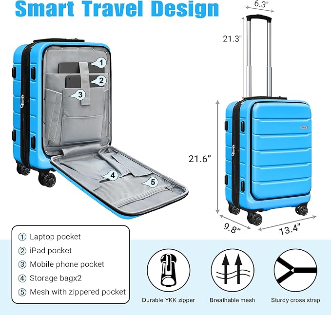 SmileLine 20 inch Carry-On, Lightweight Hardside Suitcase, Expandable Small Suitcase with Front Pocket, Blue