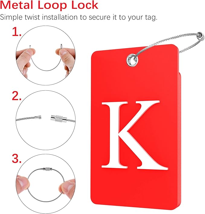 Gostwo 2 Pack Luggage Tags for Suitcases, 26 Initial Letter Travel Luggage Baggage Identification Labels ID Tag Fully Bendable Tags with Stainless Steel Loop (Red) (Letter K)