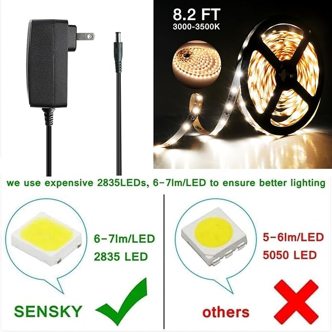 Sensky Motion Sensor LED Under Cabinet Lighting Kit Extendable Under Counter LED Light with Motion Sensor, Power Adapter for Gun Safe Light, Shelf, TV Wall Lighting (8.2FT,3000-3500K)