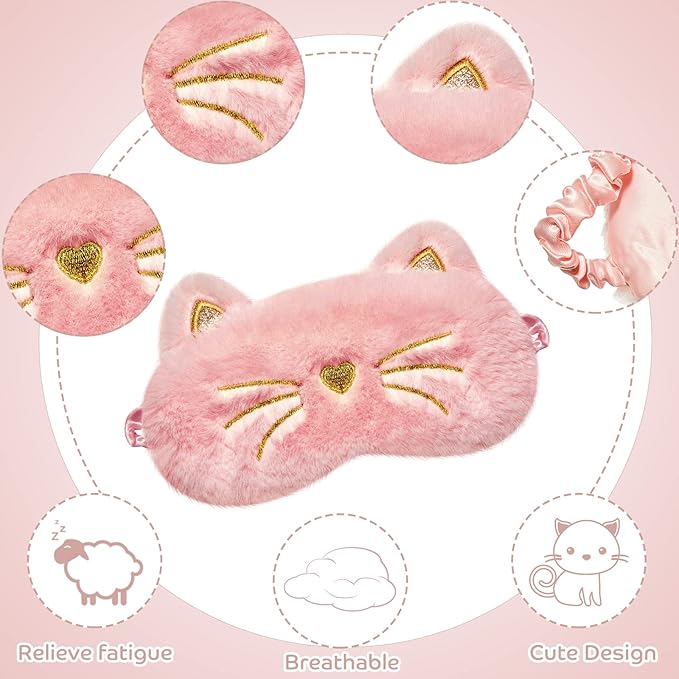 Geyoga Sleep Mask for Kids, Girls Plush Sleeping Eye Cover Soft Eye Blindfold Cover Animal Shade for Kids(White, Pink and Rainbow Color,Cat Style)